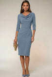 Navy 3/4 Sleeves Cowl Neck Pencil Midi Work Dress