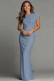 Navy Sheath Short Sleeve Bateau Neck Long Formal Dress