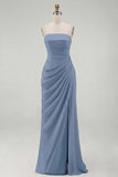 Light Pink Strapless Ruched Sheath Prom Dress with Slit