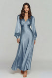 Champagne Long Sleeve V Neck Satin Formal Dress