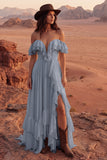 Off the Shoulder Ruffle A Line Ivory Long Wedding Dress with Slit