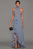 Black Halter Long Evening Dress With Ruffle Slit