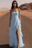 Strapless Ivory A Line Ruffled Long Wedding Dress with Slit