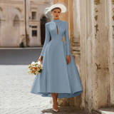 Long Sleeve A Line Satin Cut Out Ivory Wedding Dress