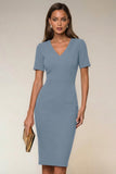 Navy V-Neck Pencil Short Sleeve Knee-Length Work Dress With Back Slit