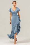 A Line V Neck Asymmetrical Dark Green Bridesmaid Dress with Ruffle Slit