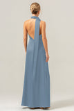 Black Sheath Deep V Neck Open Back Satin Bridesmaid Dress with Streamer