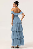 Dusty Blue A-Line Off The Shoulder Tiered Pleated Chiffon Long Bridesmaid Dress