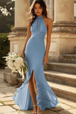 Dusty Sage Mermaid Halter Ruched Long Bridesmaid Dress With Slit