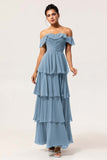 Dusty Blue A-Line Off The Shoulder Tiered Pleated Chiffon Long Bridesmaid Dress