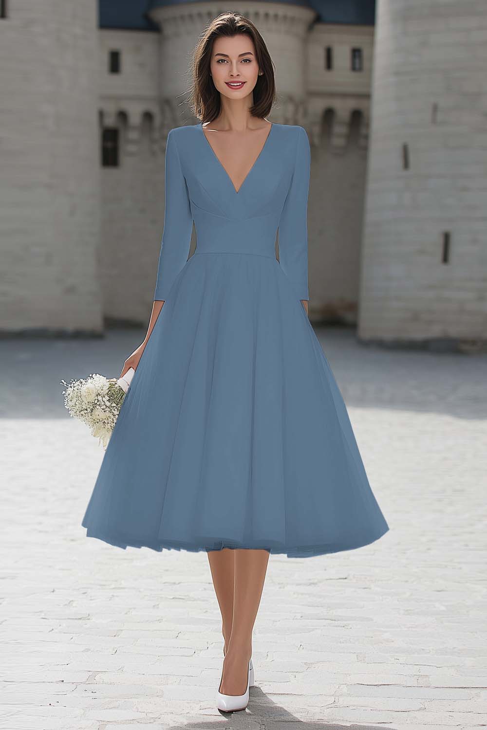 Wedtrend Women Ivory A-Line Engagement Dress Satin V-Neck Midi Bridal Shower Dress With 3/4 Sleeves Wedtrend UK Wedtrend Women Ivory A-Line Engagement Dress Satin V-Neck Midi Bridal Shower Dress With 3/4 Sleeves Wedtrend UK
