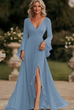 Dark Grey A Line Wrap Long Sleeves Ruffled Chiffon Mother of the Bride Dress