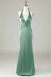 Dark Green Halter V Neck Open Back Satin Mermaid Long Bridesmaid Dress
