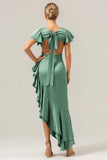 A Line V Neck Asymmetrical Dark Green Bridesmaid Dress with Ruffle Slit