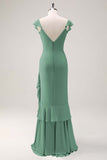 Dusty Sage Sheath V Neck Chiffon Long Bridesmaid Dress with Ruffles