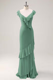 Dusty Sage Sheath V Neck Chiffon Long Bridesmaid Dress with Ruffles