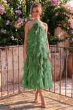 Lake Blue A Line 3D Flower Wedding Guest Dress with Ruffles