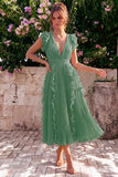 Dusty Rose V Neck A Line Pleated Midi Wedding Guest Dress