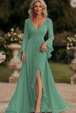 Dark Grey A Line Wrap Long Sleeves Ruffled Chiffon Mother of the Bride Dress