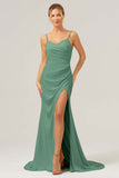 Black Sheath Spaghetti Straps Ruched Long Satin Bridesmaid Dress with Slit