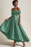 Olive Off the Shoulder Ruched A-Line Mother of the Bride Dress