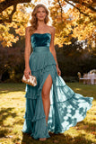 Strapless Khaki A Line Tiered Long Wedding Guest Dress With Slit