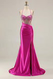 Mermaid Corset Beaded Pink Satin Prom Dress