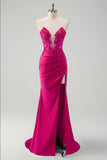 Green Mermaid Strapless Corset Sequin Long Prom Dress with Slit