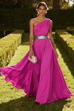 One Shoulder Olive A Line Long Wedding Guest Dress