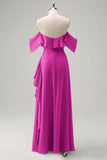 Light Green Sheath Off The Shoulder Chiffon Long Bridesmaid Dress with Ruffle Slit