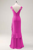 Dusty Sage Sheath V Neck Chiffon Long Bridesmaid Dress with Ruffles