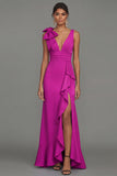 Dark Green Bow Ruffle V-Neck Evening Dress With Slit