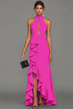 Black Halter Long Evening Dress With Ruffle Slit
