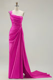 One Shoulder Green Ruched Satin Sheath Long Prom Dress with Slit