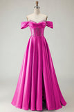 Off the Shoulder Satin Purple A Line Prom Dress