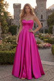 Burgundy Strapless A Line Satin Long Prom Dress