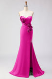 Green Strapless Mermaid 3D Flower Satin Long Prom Dress with Slit