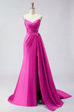Royal Blue A Line Beaded Strapless Ruched Long Prom Dress with Slit