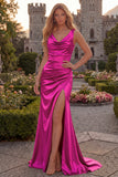 Burgundy V Neck Mermaid Ruched Long Prom Dress with Slit