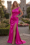 Burgundy One Shoulder Mermaid Ruched Long Prom Dress with Slit