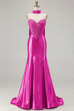 Blue Mermaid Corset Sweetheart Convertible Satin Long Prom Dress with Streamer