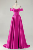Blue Off the Shoulder A Line Satin Bridesmaid Dress
