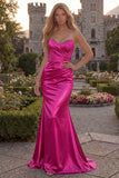Sweetheart Mermaid Burgundy Ruched Satin Long Prom Dress