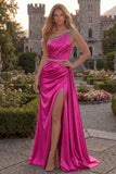 One Shoulder Burgundy Beaded Mermaid Long Prom Dress with Slit