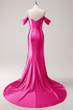 Mermaid Cold Shoulder Sequin Ruched Satin Golden Long Prom Dress