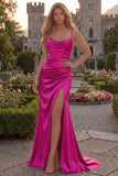 Burgundy Mermaid Spaghetti Straps Satin Long Prom Dress