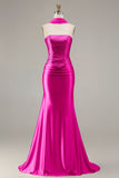 Strapless Mermaid Champagne Beaded Satin Long Prom Dress with Ribbon