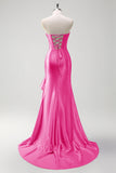 Sparkly Grey Blue Mermaid Ruffled Corset Strapless Satin Long Prom Dress with Slit
