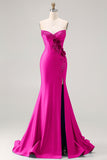 Royal Blue Mermaid Sweetheart Beaded Corset 3D Flower Long Prom Dress with Slit