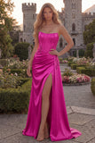 Strapless Appliqued Burgundy Corset Mermaid Long Prom Dress with Slit